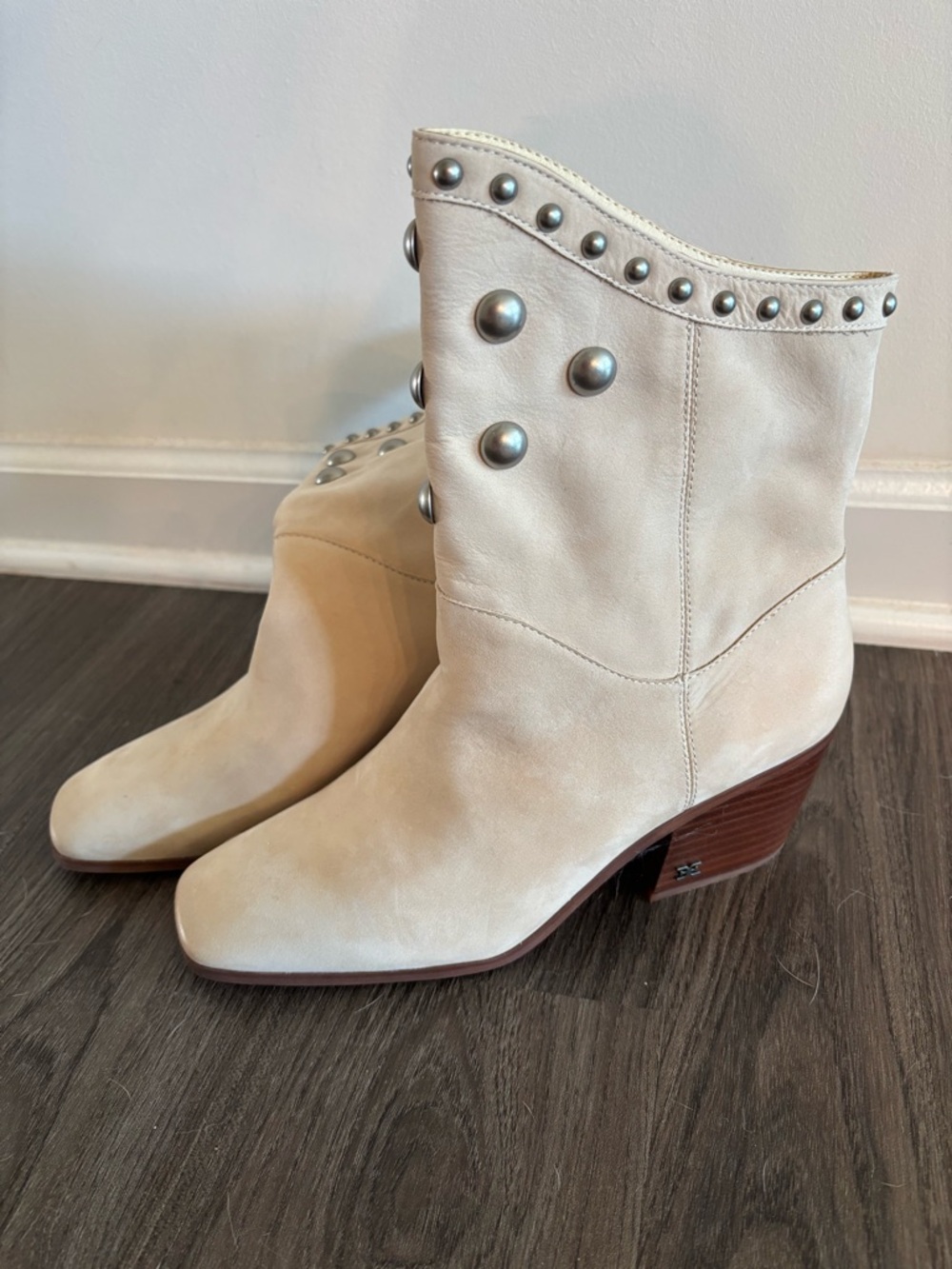 Sam Edelman Cream Suede Studded Ankle Boots